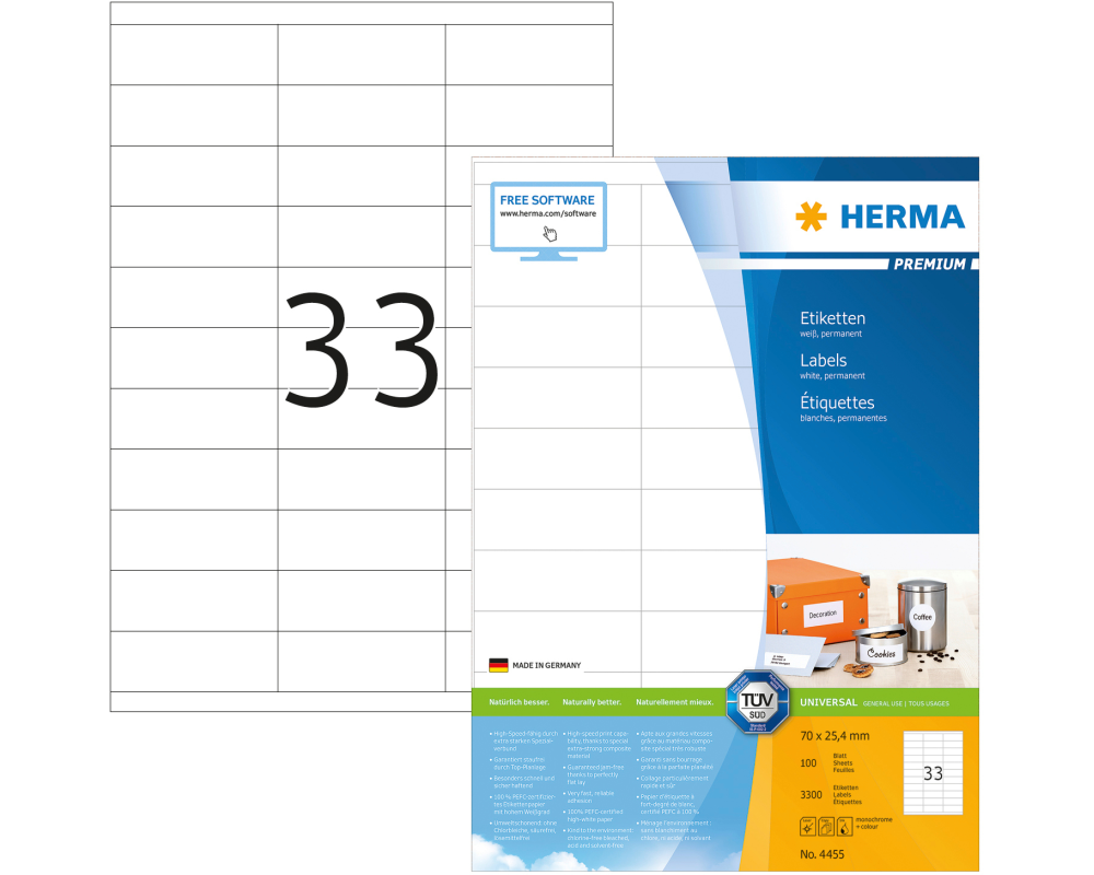 HERMA Universal-Etiketten 70x25,4mm 4455 weiss 3300 St./100 Blatt