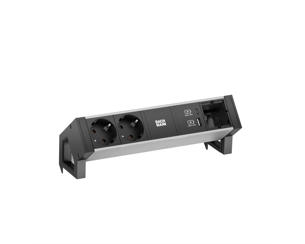 BACHMANN DESK2 ALU BLACK 2xSchutzkt.USB, USB Charger 22W A&C 1xABD 0,2m GST18