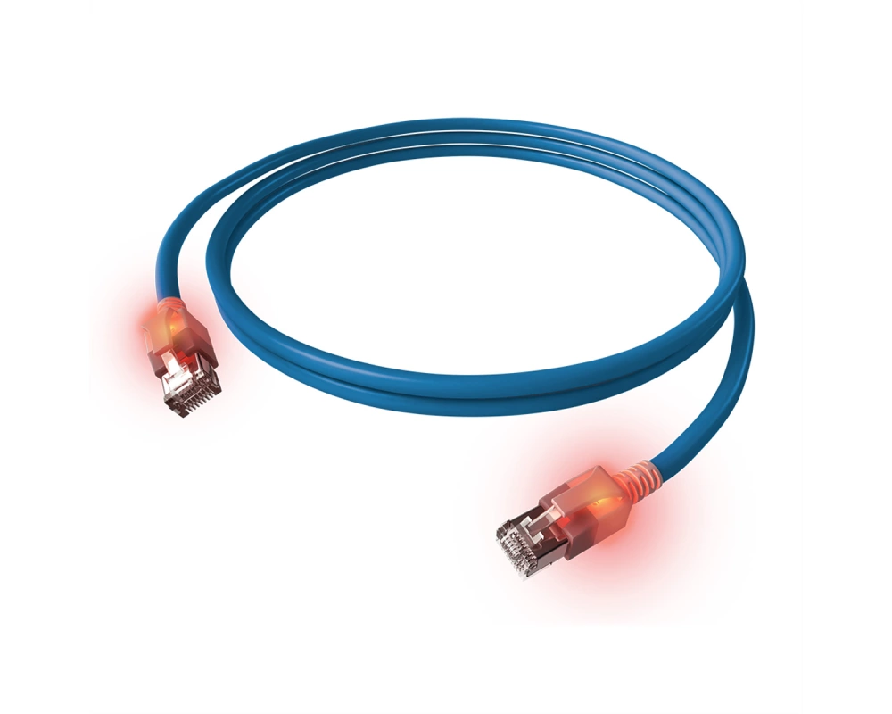 EasyLan DualBoot LED Patchkabel RJ45 S/FTP Cat.6A (Class EA), mit saCon Stecker, LSOH, blau, 10 m
