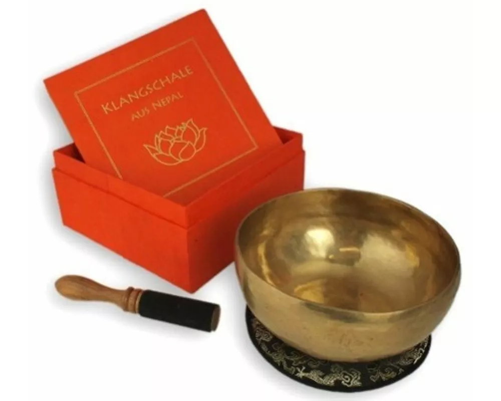 Klangschale in terracotta Geschenkbox L mit Lotus-Aufdruck und Zubehör