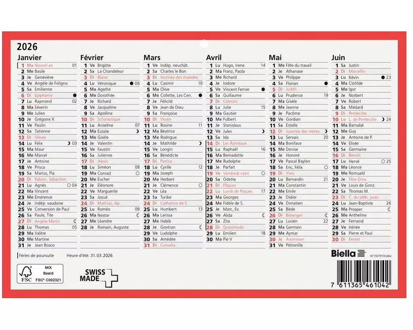 Biella Tafelkalender F, A5, 6 Monate pro Seite