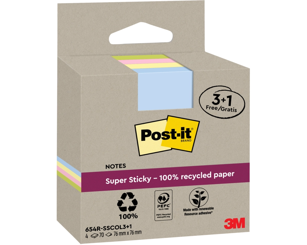 POST-IT SuperSticky Notes 76x76mm 654 RSSCOL 3+1F Recycling,assort. 4x70 Blatt