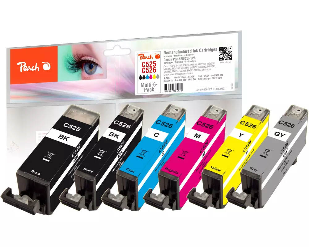 Peach Tinte Canon PGI-525/CLI-526 Multi-6-Pack C, M, Y, BK