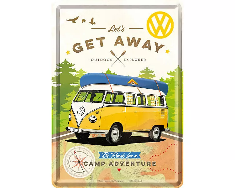 Blechpostkarten. Volkswagen / VW Bulli - Let's Get Away!