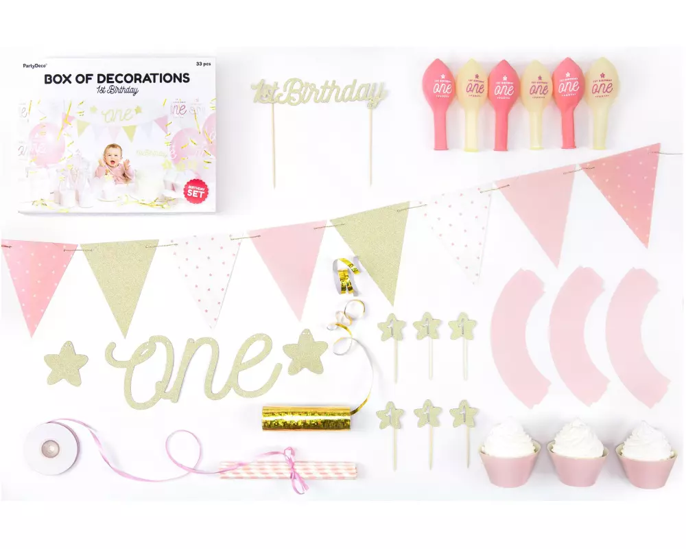 Partydeco Partyset 1st Birthday gold 9-teilig, Gold/Rosa