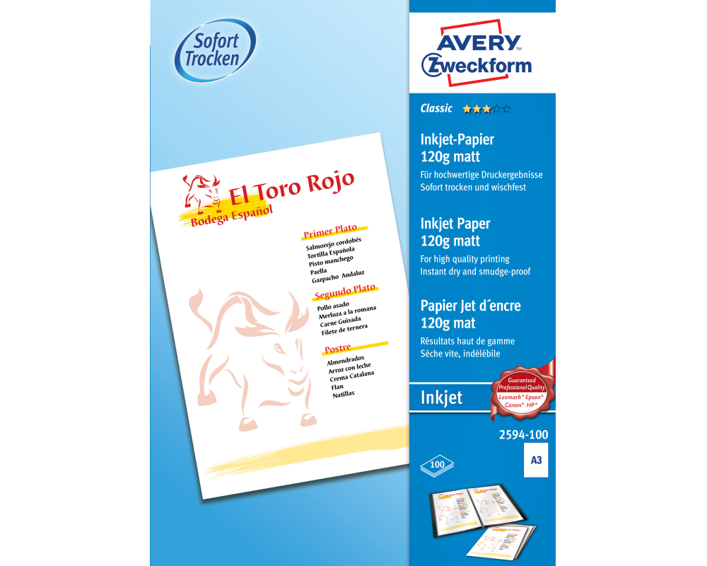 AVERY ZWECKFORM InkJet-Papier A3 2594-100 120g, weiss 100 Blatt