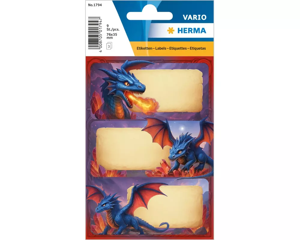 Herma Stickers Schuletiketten Dragon 3 Blatt / 9 Sticker