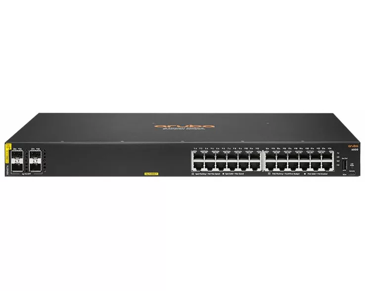 HPE Aruba 6000 Switch, 24G, 4 SFP Ports, PoE C4 370W, 1U, Layer 2, ACL, QoS, Web GUI, CLI, Aruba NetEdit, Zero Touch Provisioning