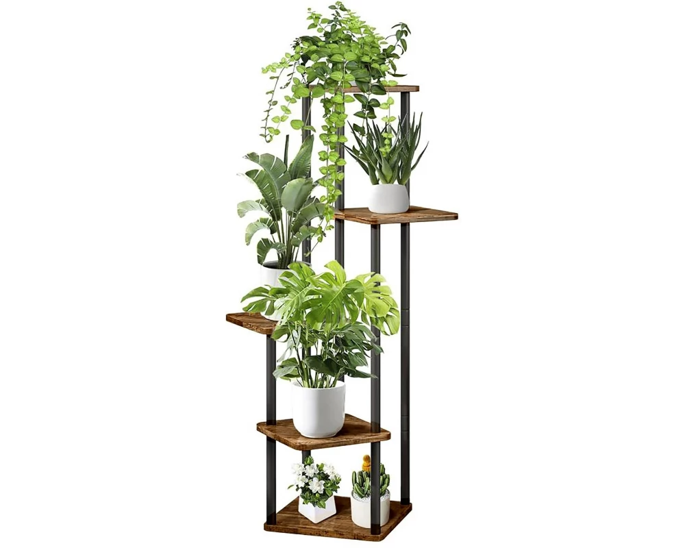 relaxdays Blumentreppe Eisen / MDF, 5 Ablagen, Dunkelbraun / Schwarz