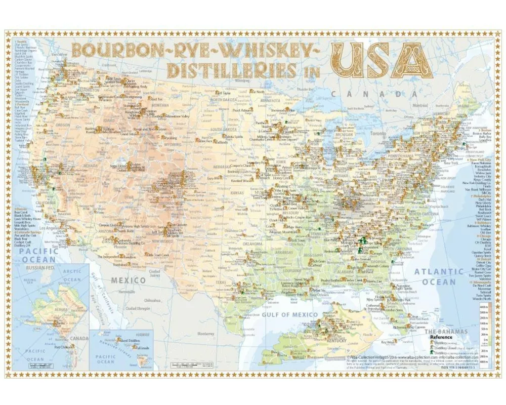 Bourbon-Rye-Whiskey Distilleries in USA - Tasting Map 34x24cm