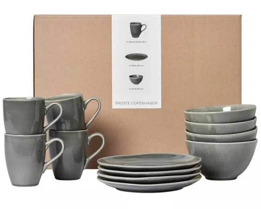 Broste Copenhagen Nordic Rain Frühstücksset Steingut Grau Blau 12-teilig
