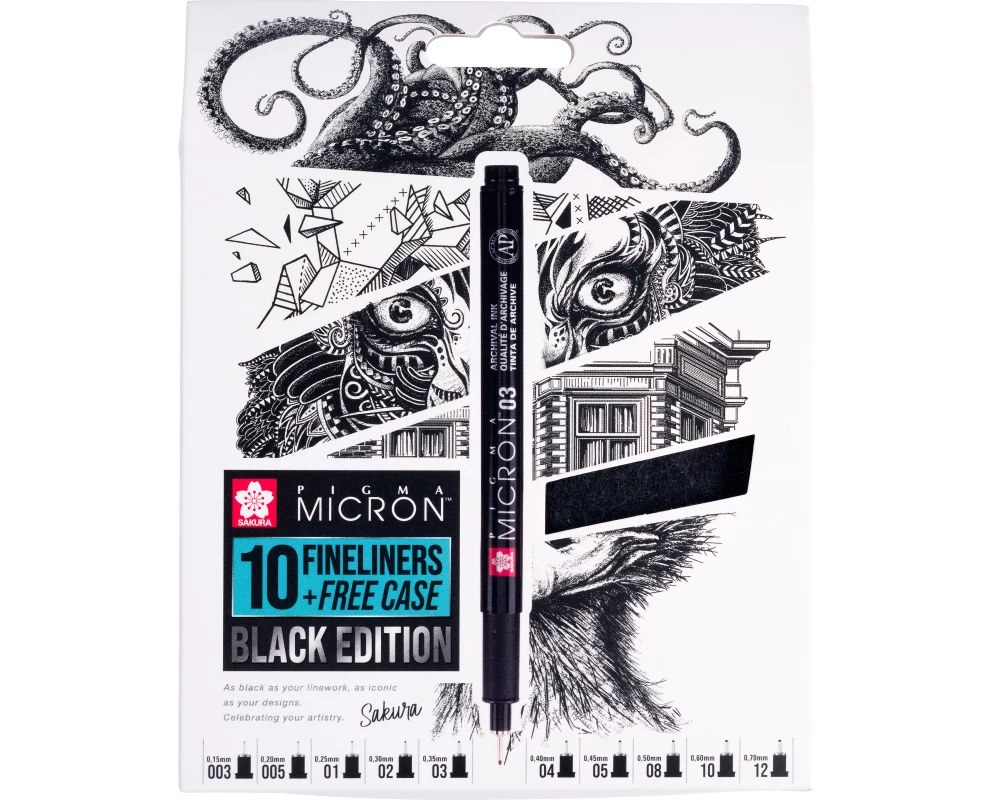 SAKURA Pigma Micron Set 0.03-1.2mm POXSDKB10 mit Stifteetui 10 Stück