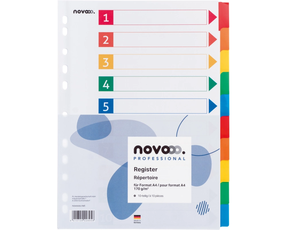 NOVOOO Kartonregister A4 40620 weiss 10-teilig, farbige Taben