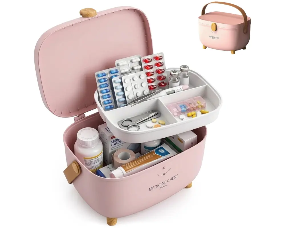 relaxdays Medizinbox aus Kunststoff Hellbraun/Rosa 18 x 28 x 20 cm