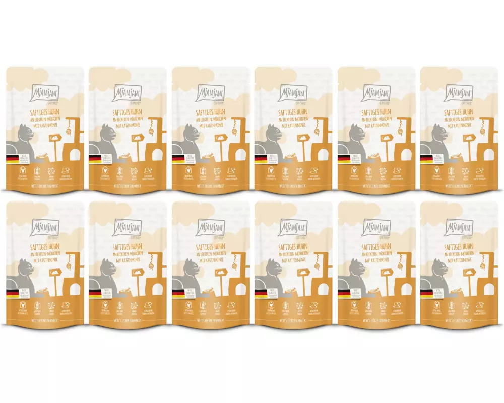 Mjamjam Nassfutter Quetschie Huhn & Mörchen, 12 x 125 g