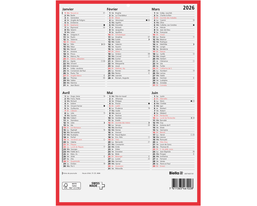 BIELLA Wandkalender 2026 871407910026U 6M/1S rot/weiss FR 21x29.7cm