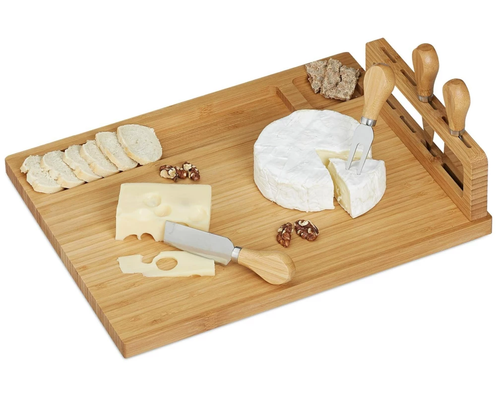 relaxdays Servierplatte Käsebrett mit Besteck 5-teilig, Natur
