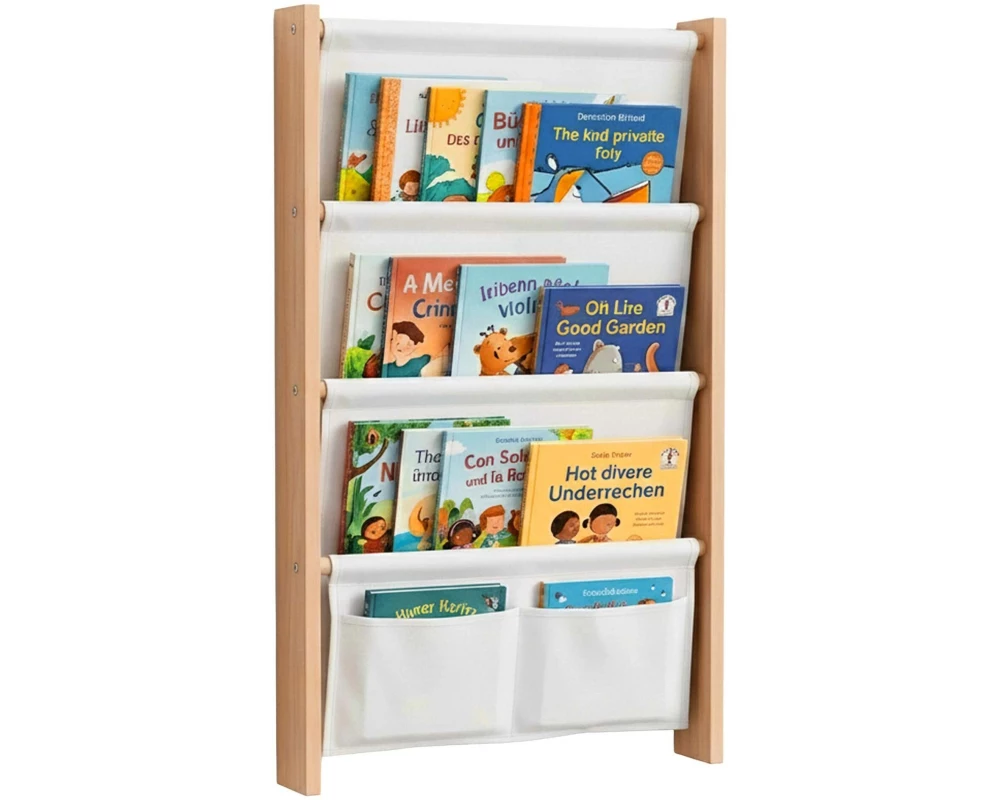 relaxdays Kinderbücherregal MDF, Stoff, Natur, Weiss