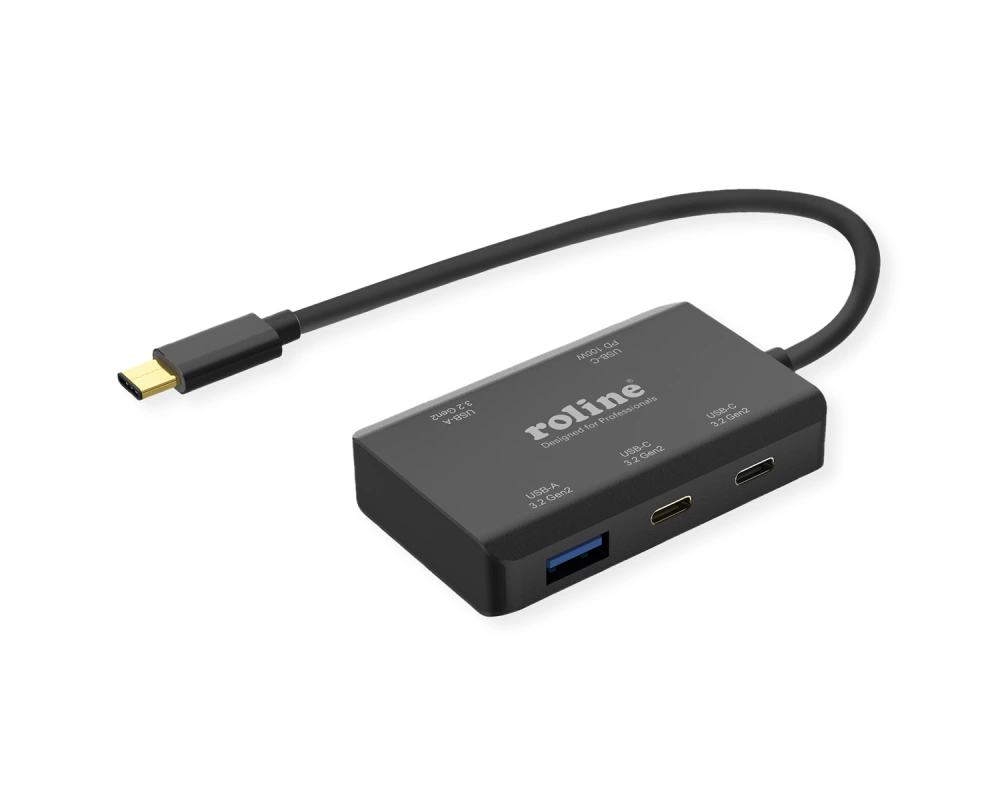 ROLINE USB 3.2 Gen 2 Hub, 4fach (2x USB-A + 2x USB-C), PD, Typ C Anschlusskabel