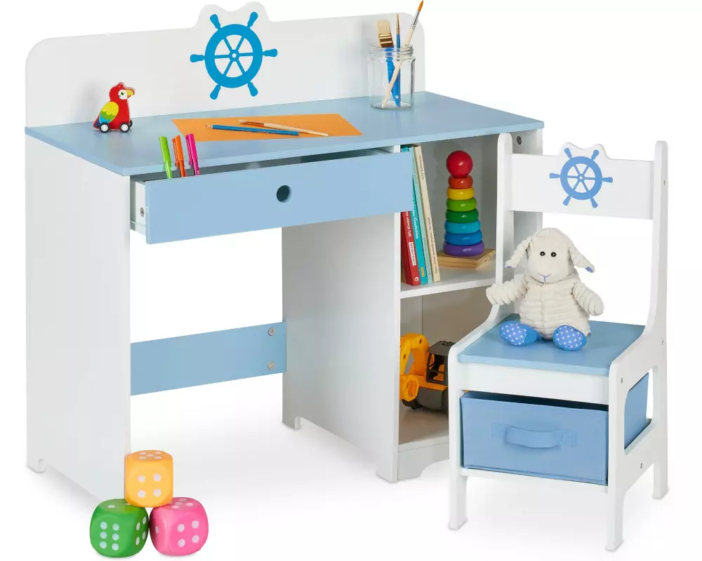 relaxdays Kinderschreibtisch Seefahrt, Weiss / Hellblau