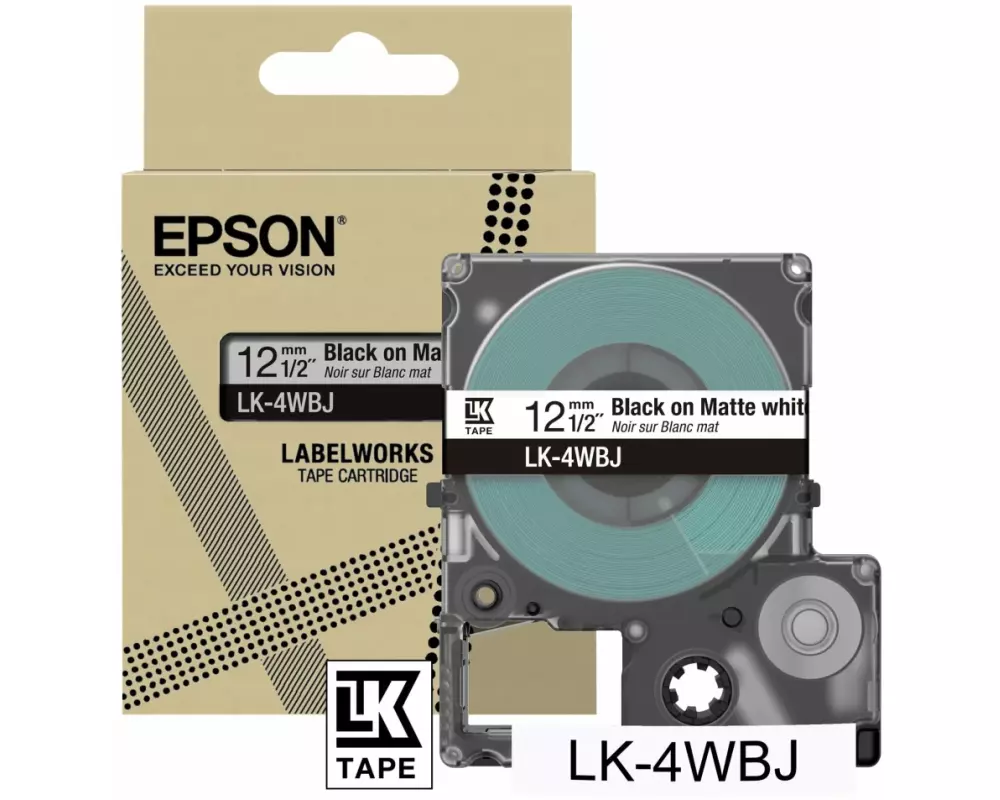 EPSON Matte Tape White/Black, 12mm, 8m, LK-4WBJ
