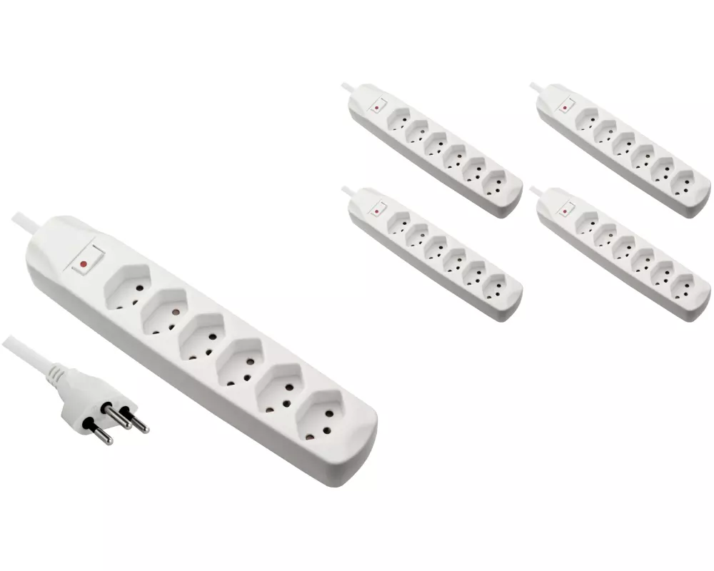 FURBER.power Steckdosenleiste 6x T13 mit Schalter, 5 Stück, Weiss
