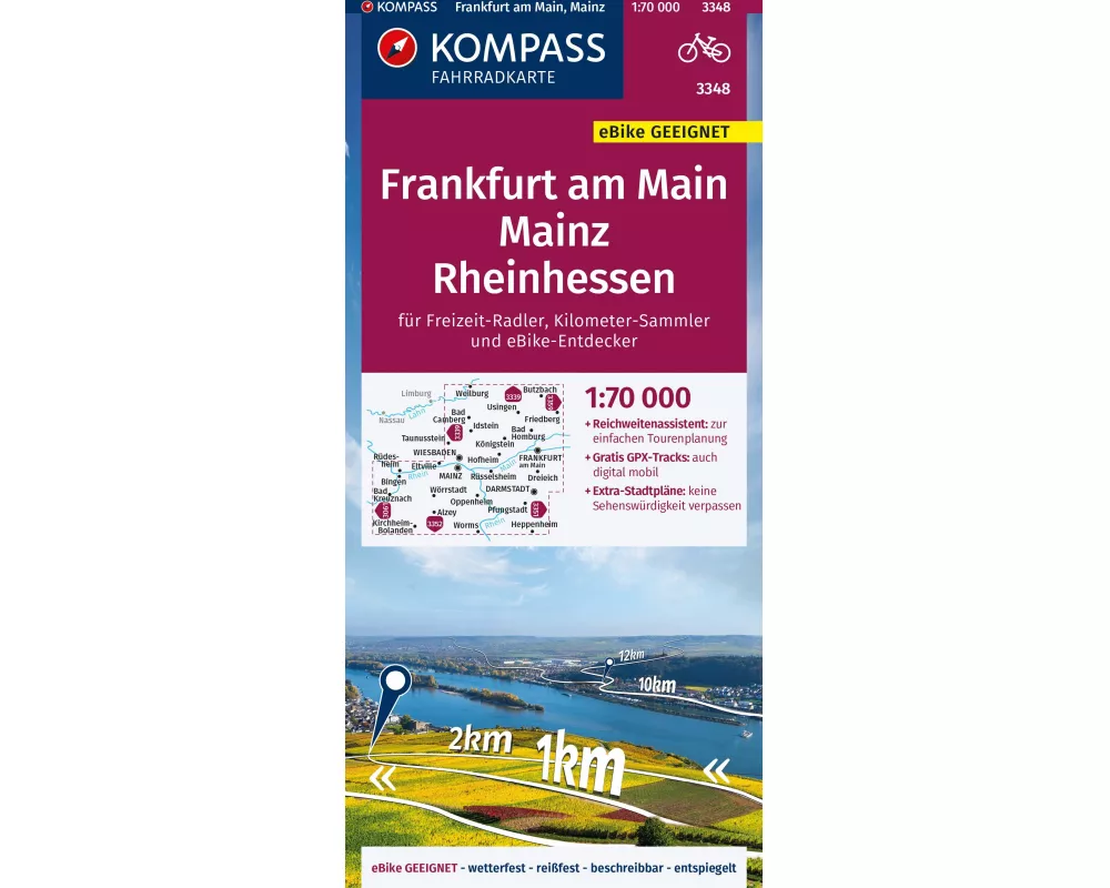 KOMPASS Fahrradkarte 3348 Frankfurt a.M., Mainz, Rheinhessen 1:70.000