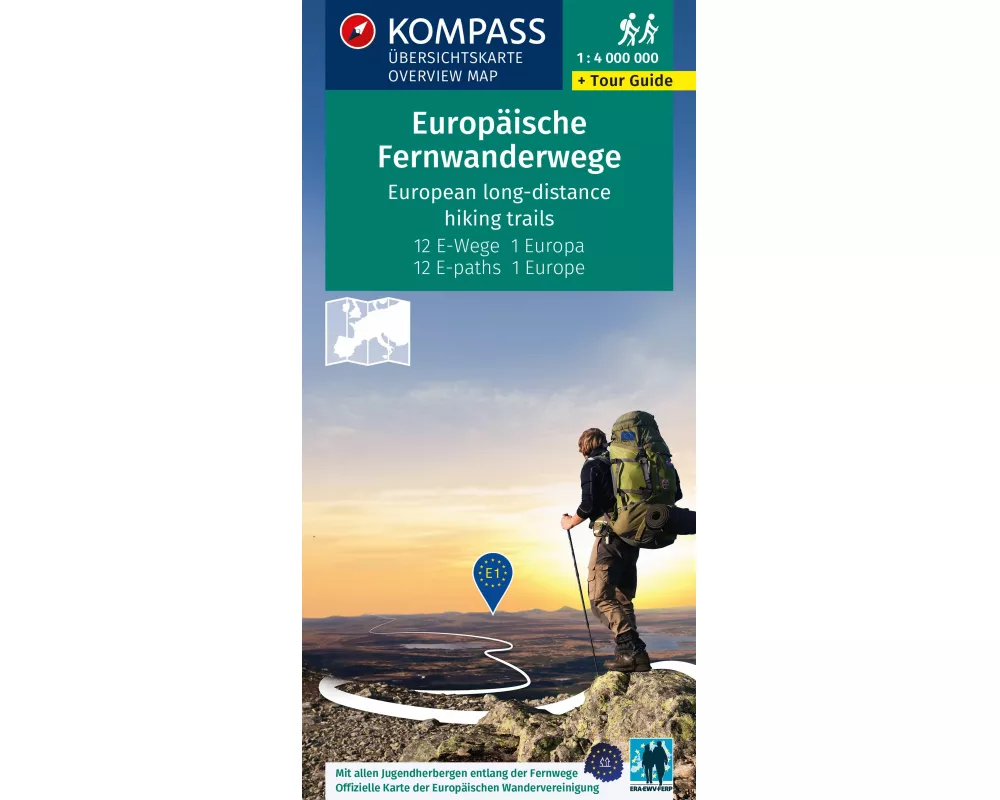 KOMPASS Fernwegekarte Europäische Fernwanderwege, 12 E-Wege - 1 Kontinent 1:4 Mio
