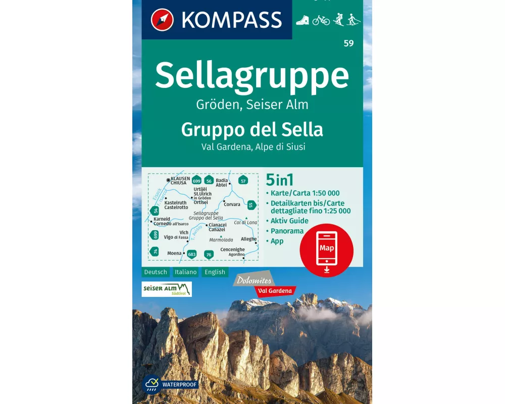 KOMPASS Wanderkarte 59 Sellagruppe, Gröden, Seiseralm / Gruppo del Sella, Val Gardena, Alpe di Siusi 1:50.000