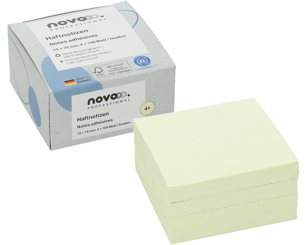 NOVOOO Haftnotizen Recycling 75x75mm 5654-11box-4 gelb 4x100 Blatt