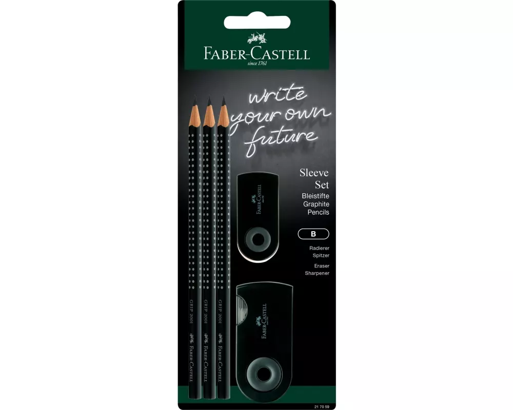 Faber-Castell Bleistift Grip 2001 Sleeve B, mit Spitzer, 3 Stück
