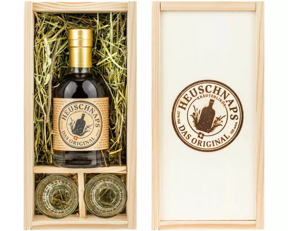 Heuschnaps Geschenkset Kräuterlikör Das Original 0.2 l & 2 Gläser