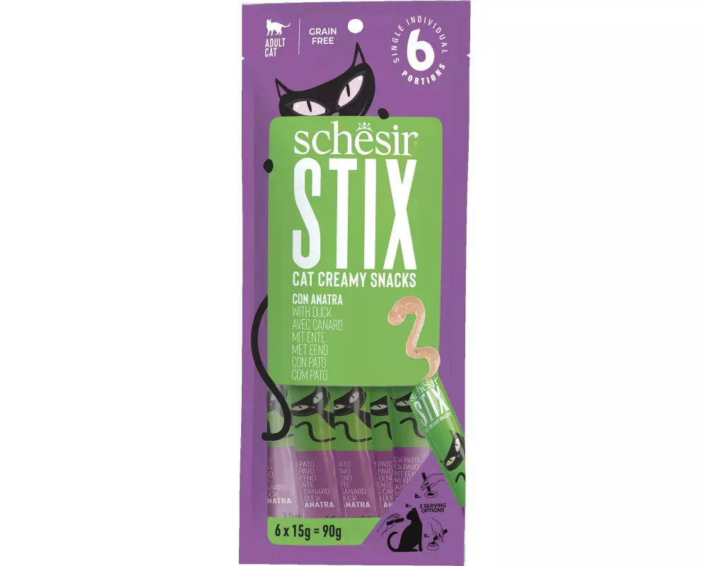 Schesir Katzen-Snack Stix Creamy Snacks Ente, 6 x 15 g