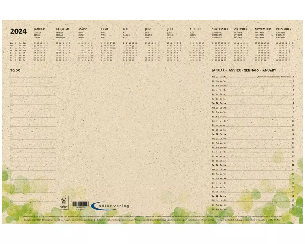 Natur Verlag Monatskalender Format: 48 x 32,5 cm, 2024, Grün