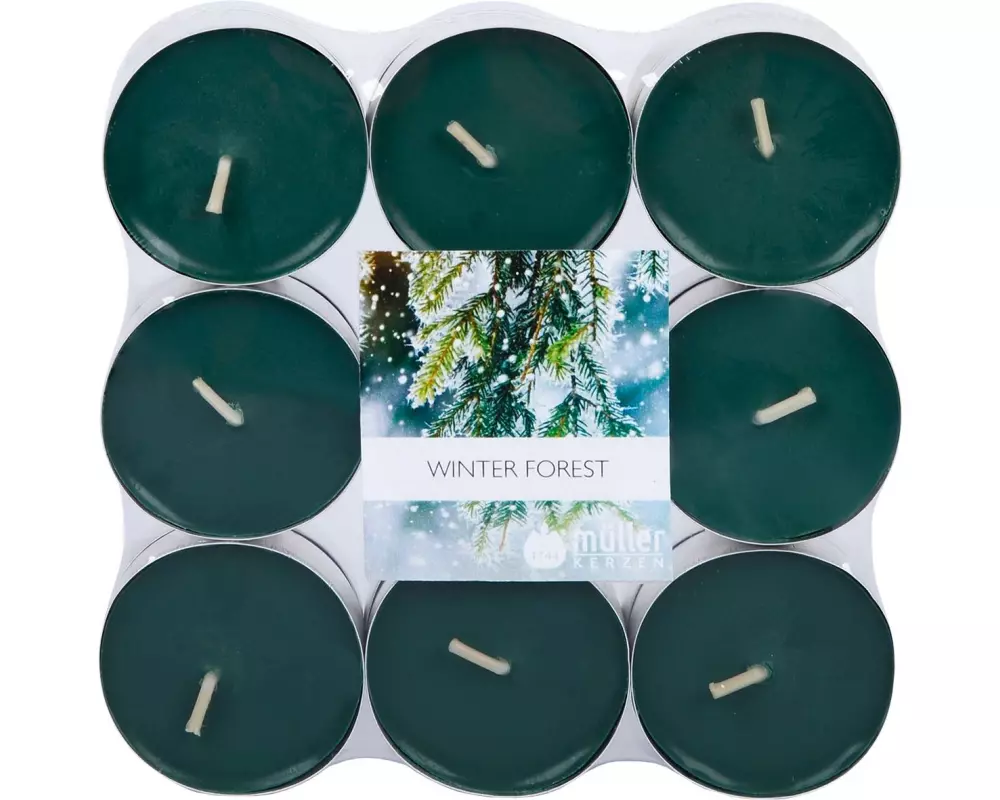 müller Kerzen Duftkerze Teelichter Winter Forest, Grün, 18 Stück