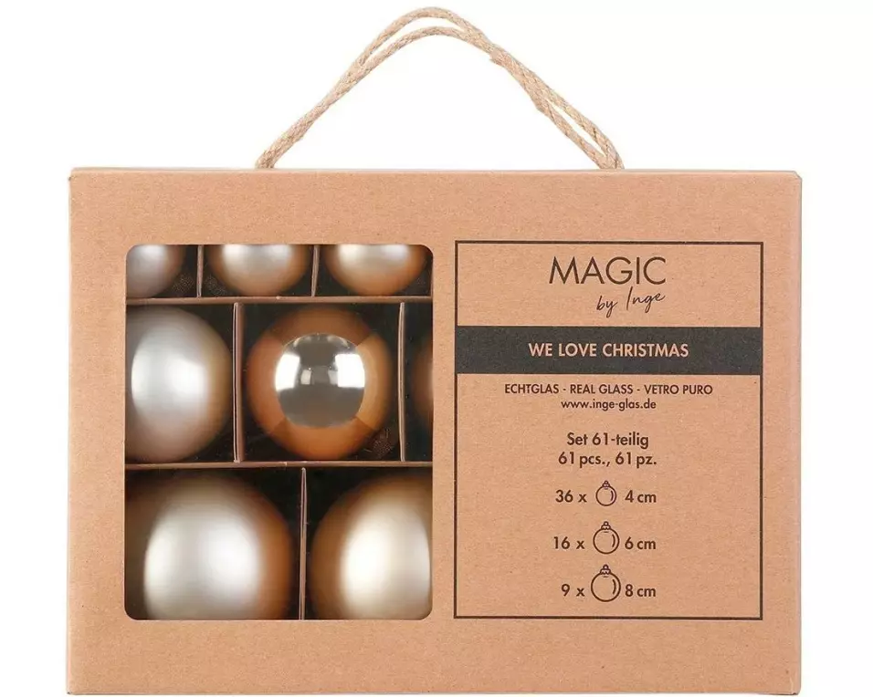 INGES CHRISTMAS DECOR Weihnachtskugel Cloud Dancer 61 Stück, Beige/Gold