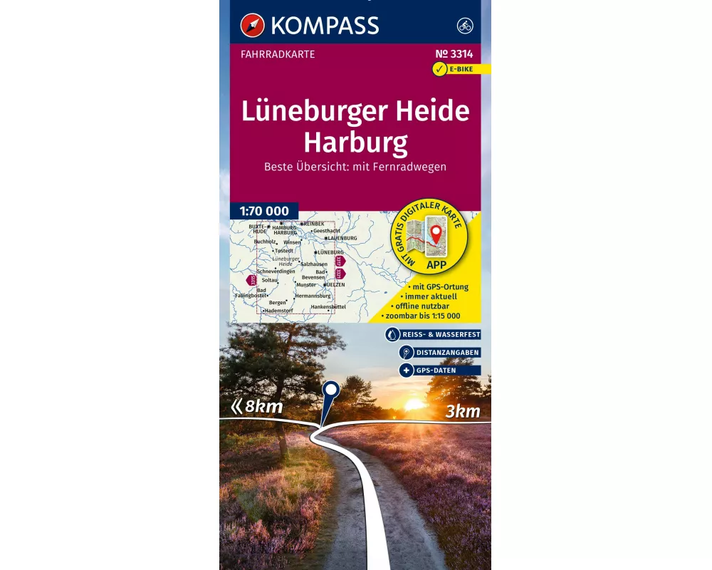 KOMPASS Fahrradkarte 3314 Lüneburger Heide, Harburg 1:70.000