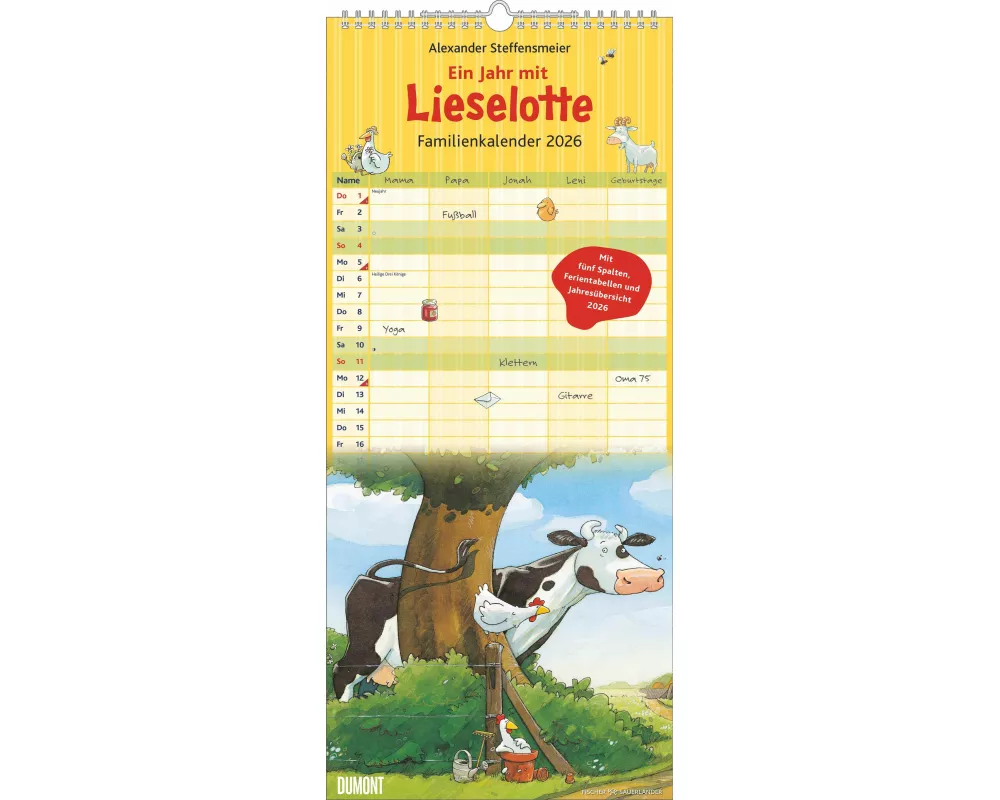 DUMONT - Ein Jahr mit Liselotte Familienkalender 2026 – Familienplaner mit 5 Spalten im Hochformat 22 x 50 cm – Illustrationen von Alexander Steffensm