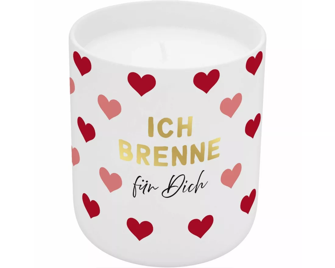 Kerze in Porzellanbecher "Ich brenne für Dich", mit Golddruck
