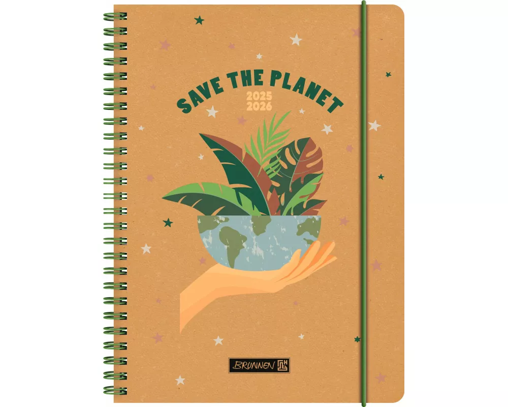 BRUNNEN Schülerkalender (2025/2026) "Save The Planet", 2 Seiten = 1 Woche, A5, 208 Seiten, Recyclingleder-Umschlag, mehrfarbig