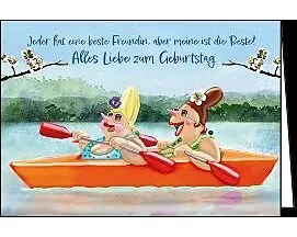 Doppelkarte. Zum Geburtstag (Zwei Frauen im Boot)