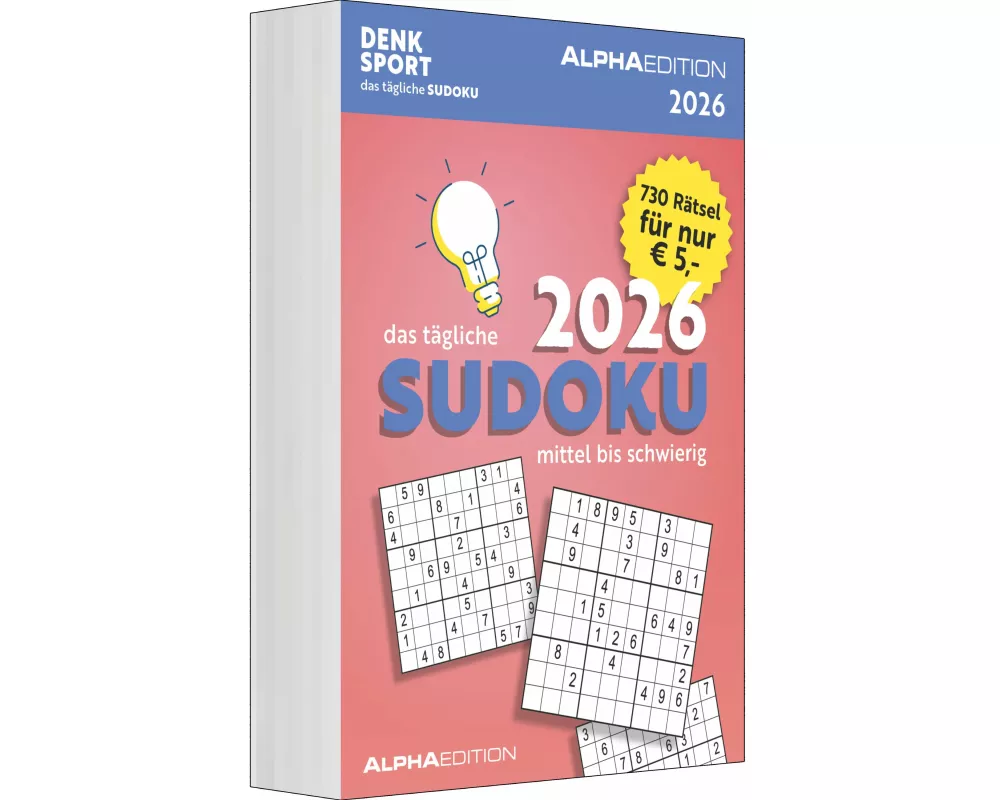 Alpha Edition - Das tägliche Sudoku 2026 – Abreißkalender 14,8×21 cm mit 730 Rätseln (mittel bis schwer), Tageskalender zum Aufhängen oder Aufstellen,