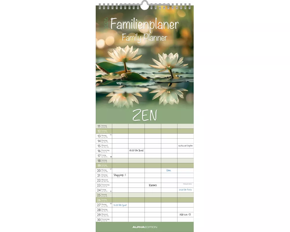 Alpha Edition - Zen 2026 – Familienkalender 19,5x45 cm – 5 Spalten für Termine – Wandplaner mit Feiertagen (DE/AT/CH) – 4-sprachig – Mit Naturfotograf