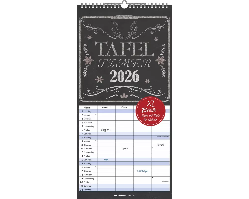 Alpha Edition - Tafel Timer Familienkalender 2026 – Wandkalender 22×45 cm mit 4 Spalten & Feiertagen, Kreidetafel-Design mit Zusatzinfos, perfekter Te