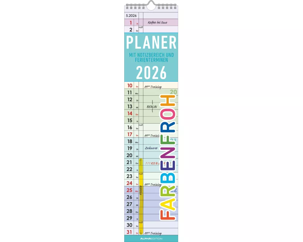 Alpha Edition - Planer Farbenfroh 2026 – Streifenplaner 11,3×49,5 cm mit deutschem Kalendarium & Feiertagen (DE/AT/CH), farbenfroher Wandkalender für