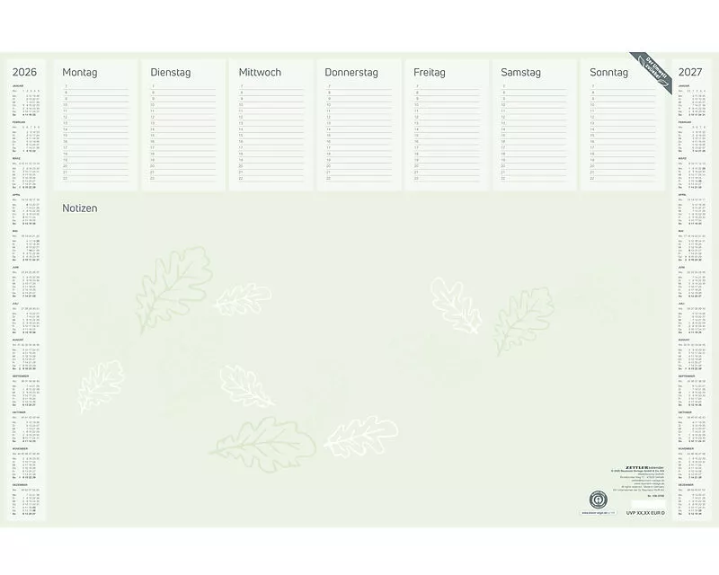 Zettler Schreibunterlage Blauer Engel 2026 – Schreibtischunterlage 60 × 40 cm, Recyclingpapier, Wochenplaner und viel Platz für Notizen, mit 3-Jahresü