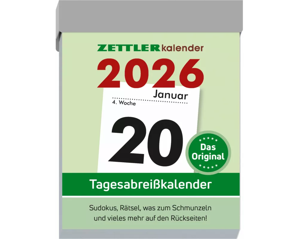 Zettler Tagesabreißkalender M 2026 – Abreißkalender 5 × 7 cm, 1 Tag pro Seite mit Sudoku, Sprüchen, Rätseln & Rezepten auf den Rückseiten, FSC-zertifi