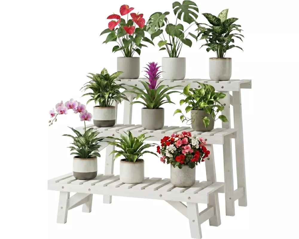 relaxdays Blumentreppe Tannenholz, Weiss, 3er Set