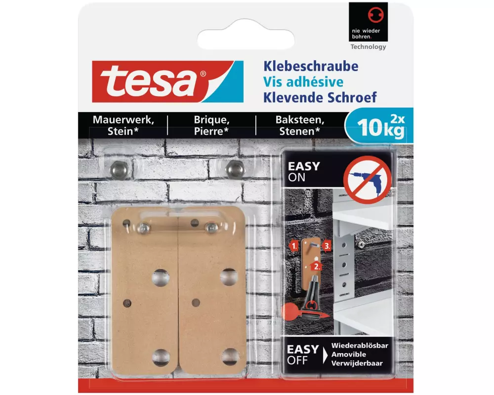 tesa Klebeschraube 10 kg für Mauern + Stein, rechteckig