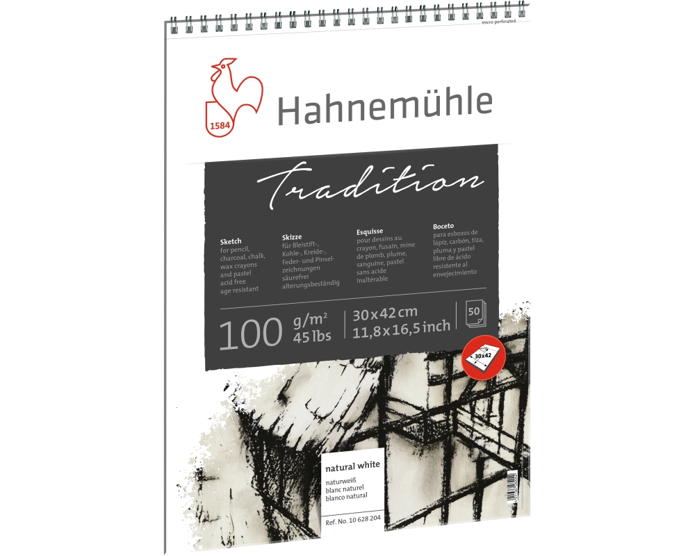 HAHNEMÜHLE Spiralblock Tradition 30x42cm 10628204 weiss, 100g 50 Blatt